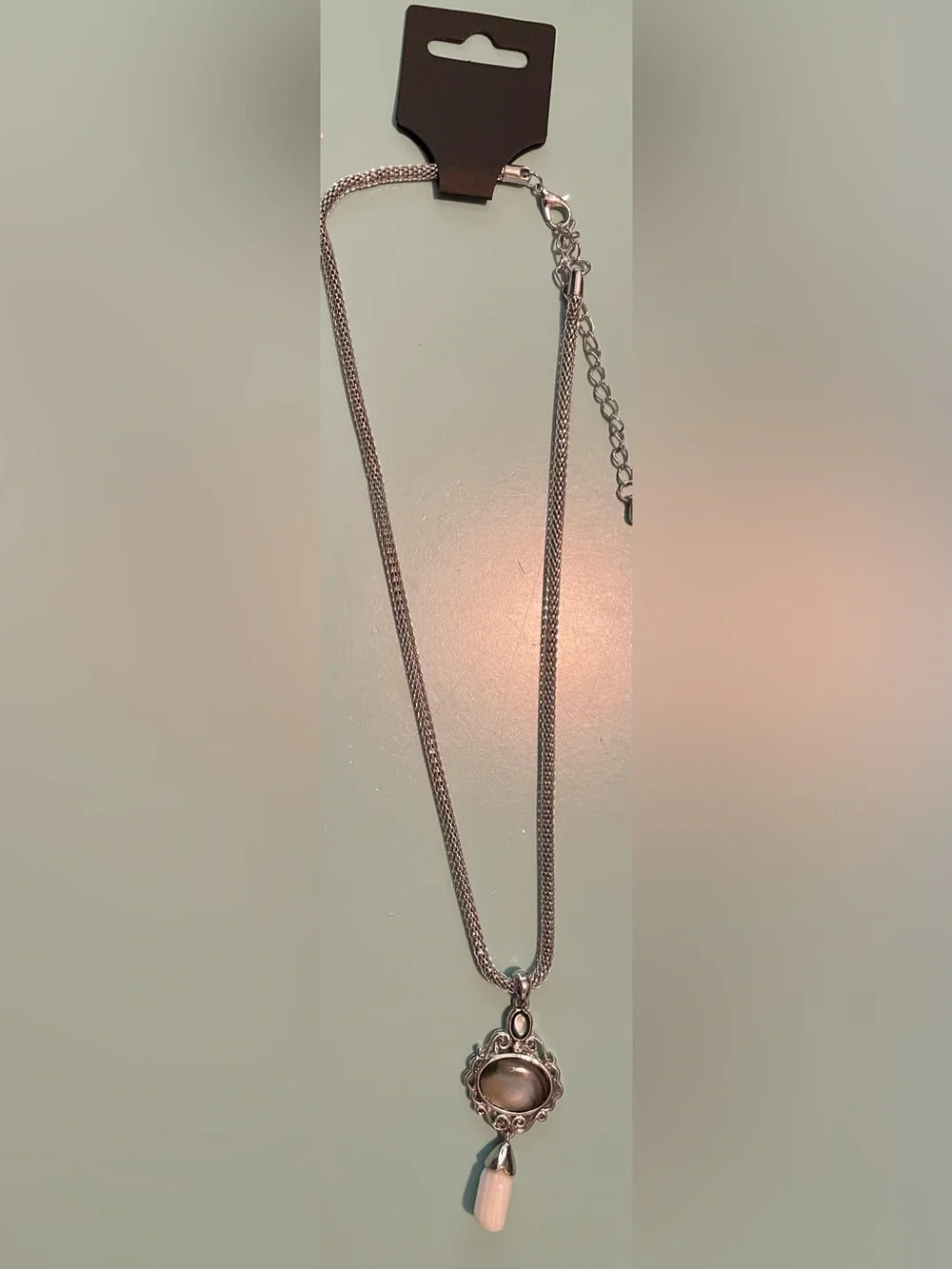 Silver-Tone Abalone Pendant Necklace with Pearl Drop